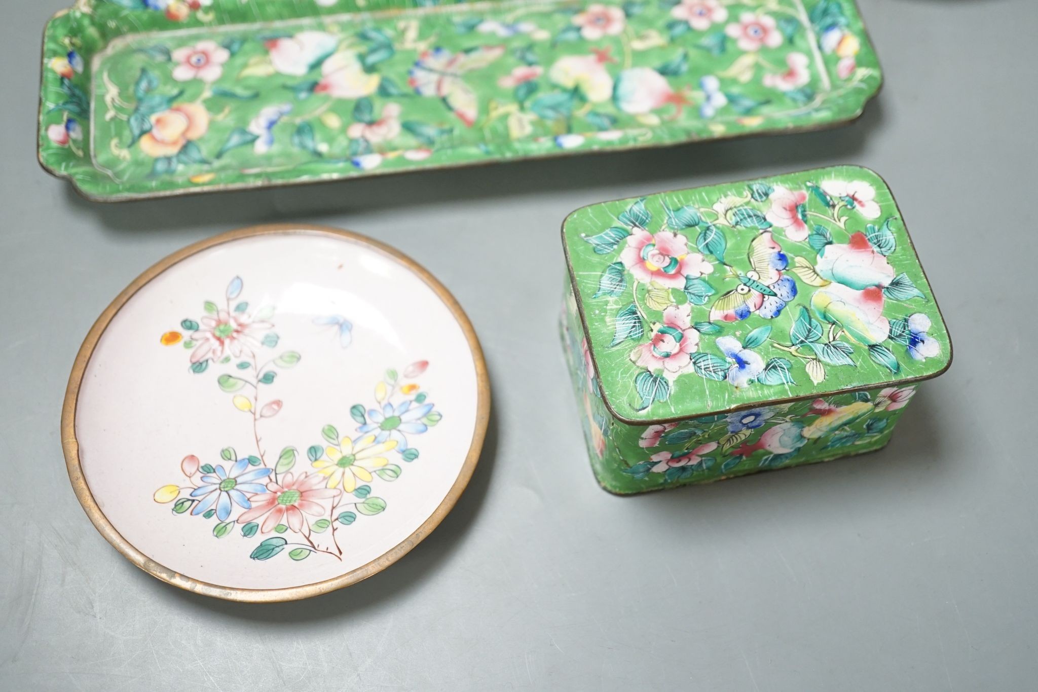 A group of Chinese Canton enamel dishes and two boxes and covers, 24cm